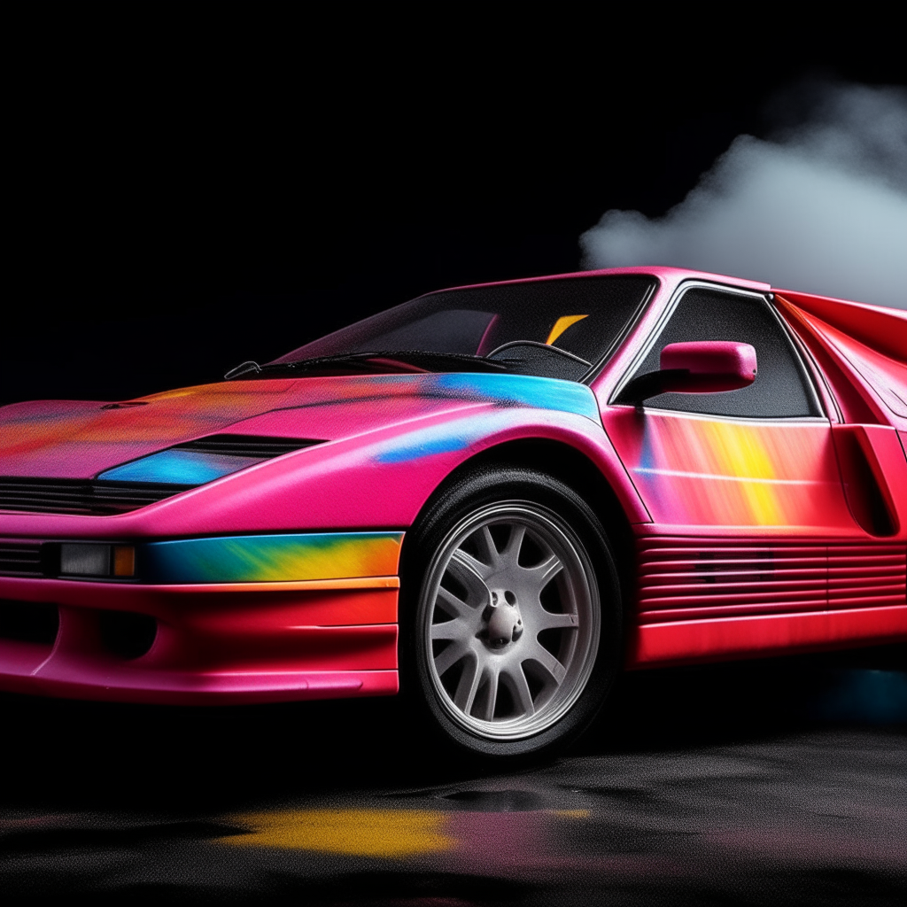 A Ferrari Testarossa crashes and transforms into a cloud of psychedelic colors.