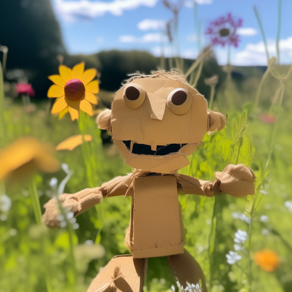A smiling cardboard puppet waves hello from a flower-filled meadow on a sunny day
