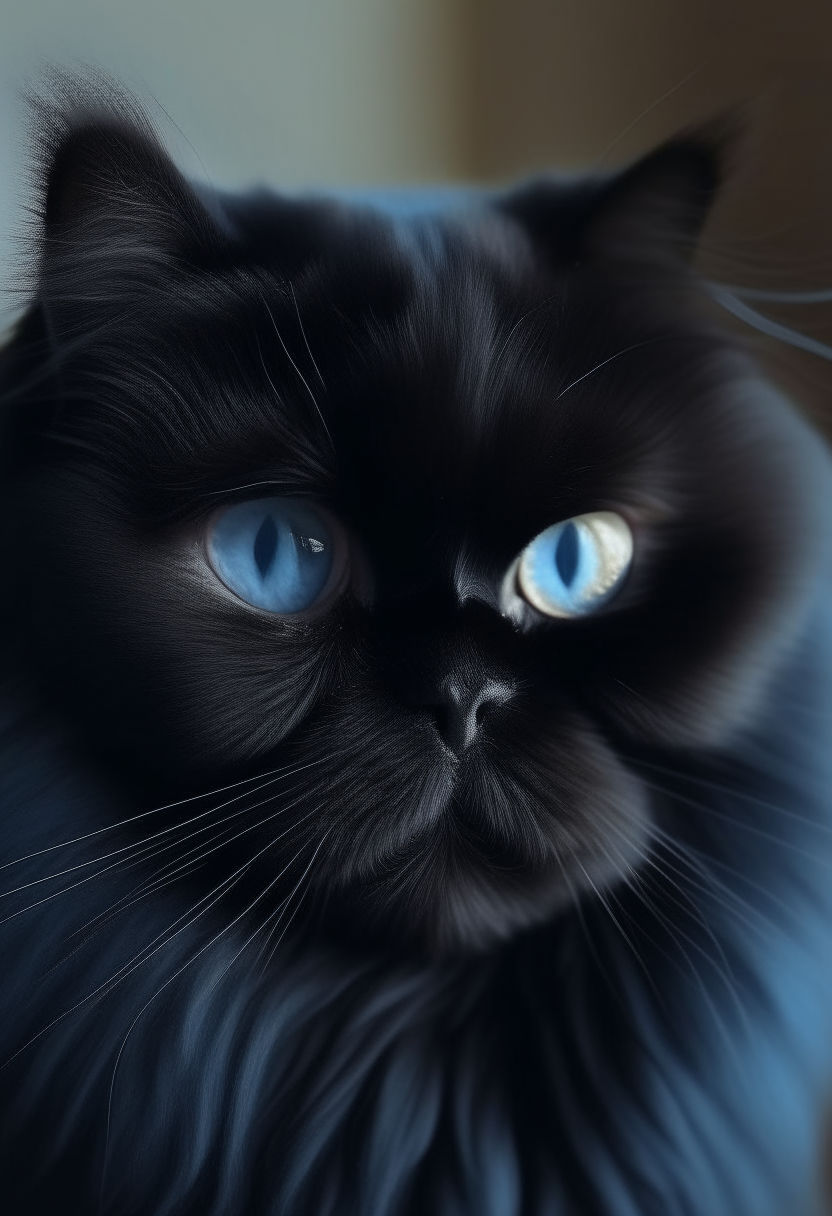 A beautiful black Persian cat about 3 years old, blue eyes, 4k, realistic