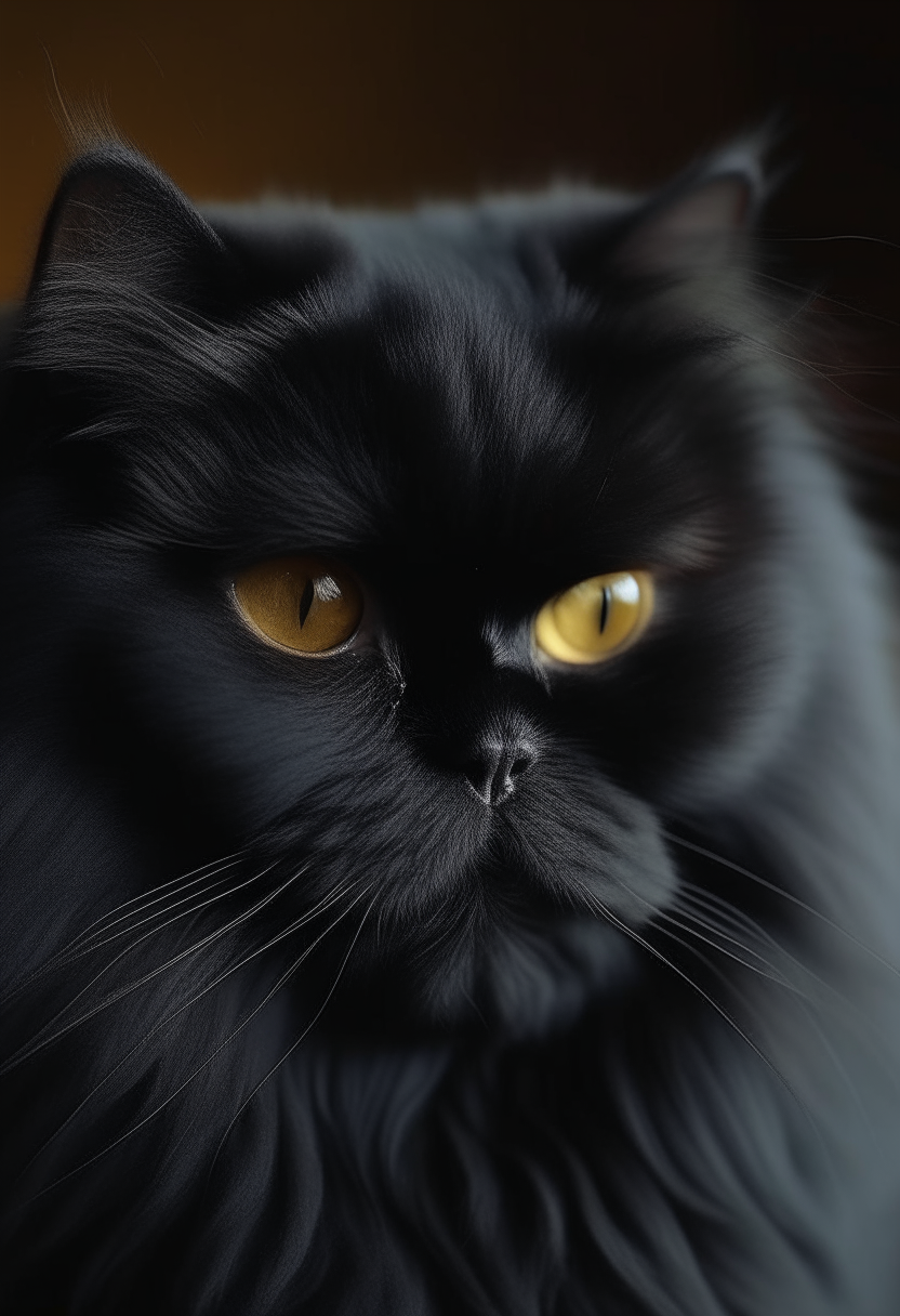 A beautiful black Persian cat, yellow eyes, about 3 years old, realistic, 4k