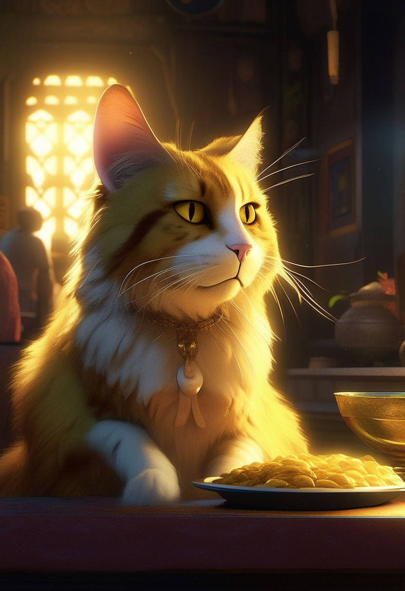 Manu, an Indian male cat with yellow and white fur, eating cat food under bar lighting, highly detailed digital painting by Greg Rutkowski and Alphonse Mucha, cinematic lighting, sharp focus, illustration, concept art, art station, artgerm, cgsociety, octane render, unreal engine 5