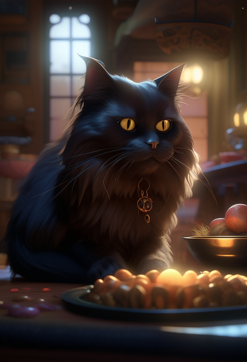 Billoo a black, female Persian cat, age 3 years, bar lighting, eating cat food, highly detailed, digital painting, art station, concept art, sharp focus, cinematic lighting, illustration, artgerm, greg rutkowski, alphonse mucha, cgsociety, octane render, unreal engine 5