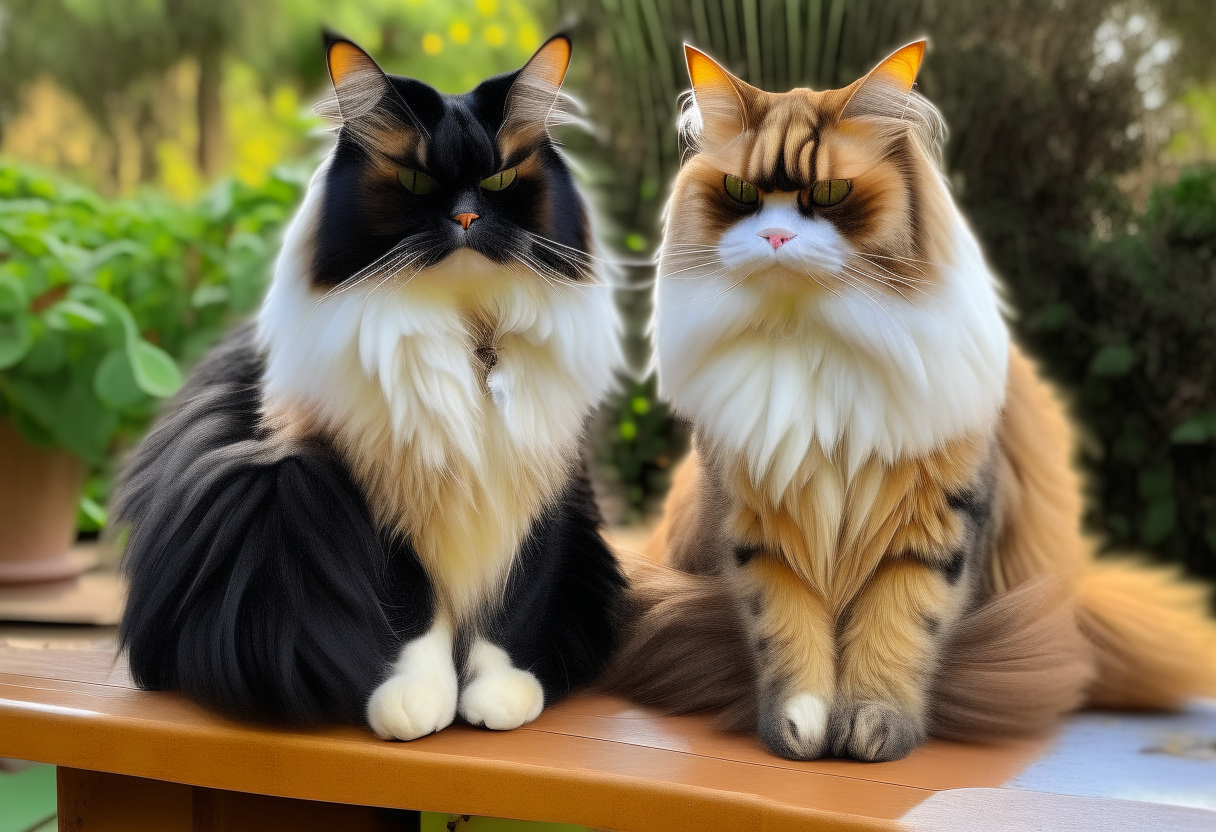 Manu, a yellow and white Indian male cat, 5 years old, and Billoo, a black Persian female cat, 3 years old, unlikely feline friends, sitting together on a park bench against lush greenery, laughing and chatting