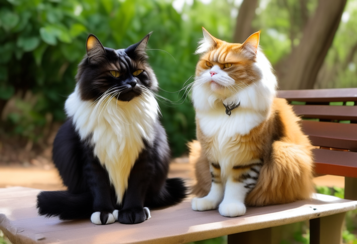 Manu, an yellow and white Indian male cat, and Billoo, a fully black Persian female cat, unlikely feline friends, sitting together laughing on a park bench against lush greenery