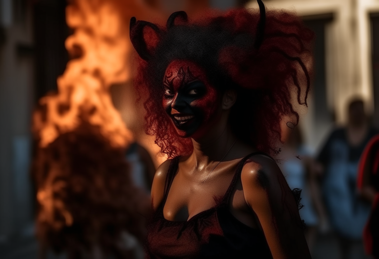 Sumérgete en un escenario infernal, donde la oscuridad del negro se entremezcla con el fuego del rojo. En el centro de este caos, una figura femenina, el demonio en todo su esplendor, espera con una mirada penetrante y una sonrisa malévola. Tu desafío es representar este momento crítico, donde el negro y el rojo se fusionan para dar vida a la llegada al inframundo en una ilustración llena de intensidad y terror.