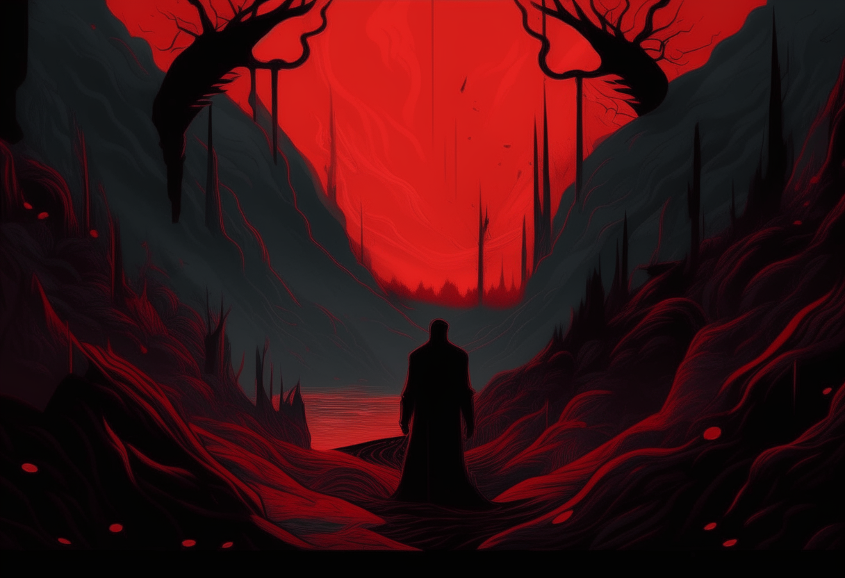 Crea una ilustración que represente a alguien llegando al infierno. Imagina un paisaje oscuro y ominoso, con tonos predominantes de negro y rojo. La figura principal debería ser la de una persona, visiblemente agobiada por el entorno infernal que la rodea. Las llamas deben danzar en el fondo, mientras que siluetas de criaturas demoníacas acechan en las sombras. La atmósfera debe transmitir desesperación y angustia, con un cielo enrojecido y retorcido por las llamas del averno. La figura humana debería estar iluminada débilmente por una luz sobrenatural, destacando su expresión de terror y asombro ante el destino que le espera