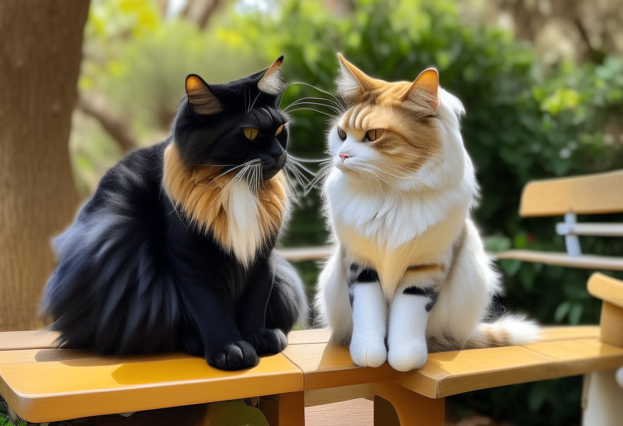 Manu, a yellow and white Indian male cat, and Billoo, a black Persian female cat, unlikely friends chatting and laughing while sitting together on a park bench with lush greenery in the background