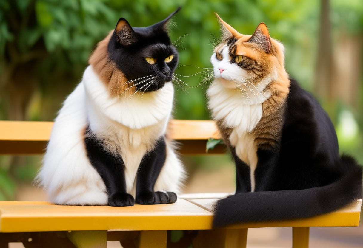 Manu, a yellow and white Indian male cat, and Billoo, a fully black Persian female cat, unlikely friends chatting while sitting together laughing on a park bench against lush green background