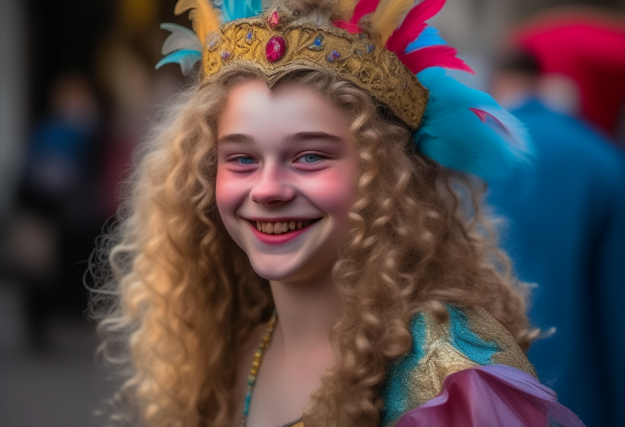 A beautiful 14-year-old girl with long blond curls, smiling brightly. She wears a magnificent costume for the Venetian Carnival, with an ornate tiara upon her head. In her right hand she holds a colorful carnival mask.