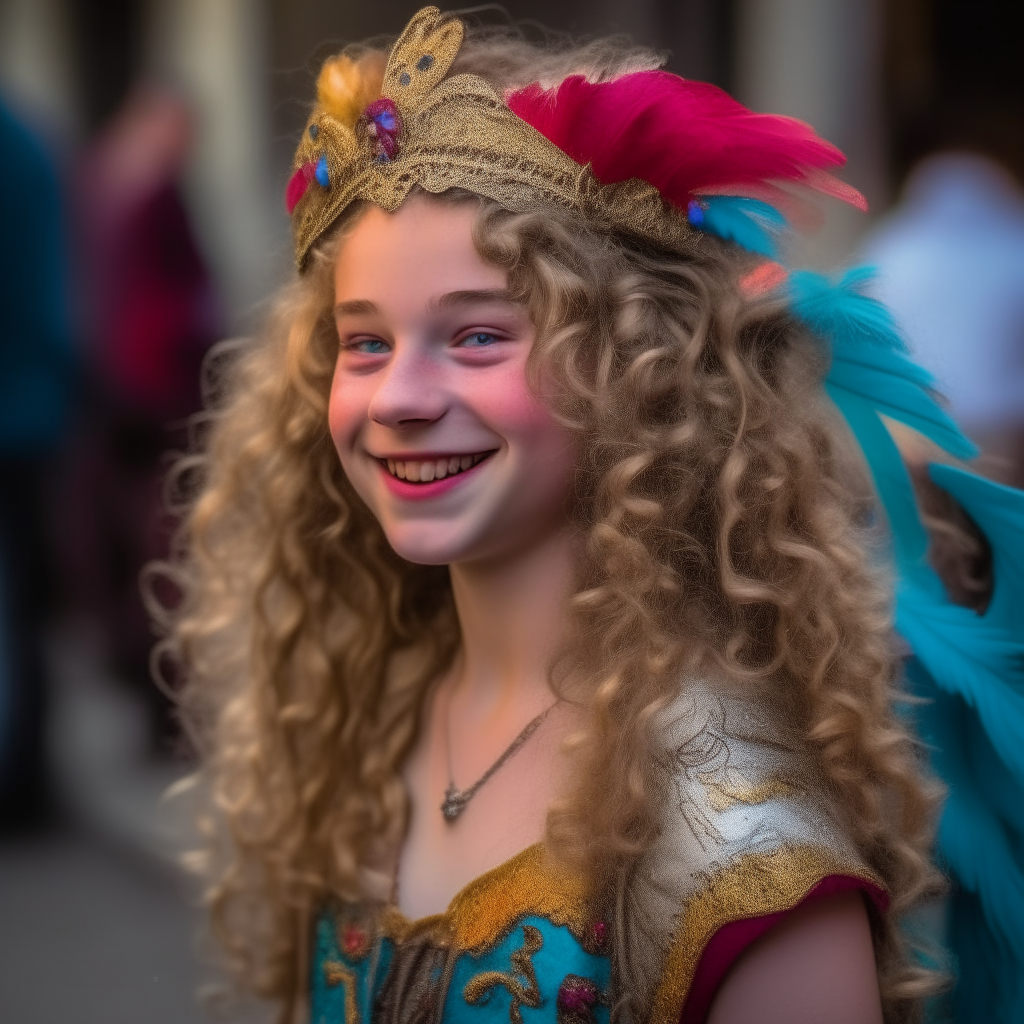 A beautiful 14-year-old girl with long blond curls, smiling brightly. She wears a magnificent costume for the Venetian Carnival, with an ornate tiara upon her head. In her right hand she holds a colorful carnival mask.