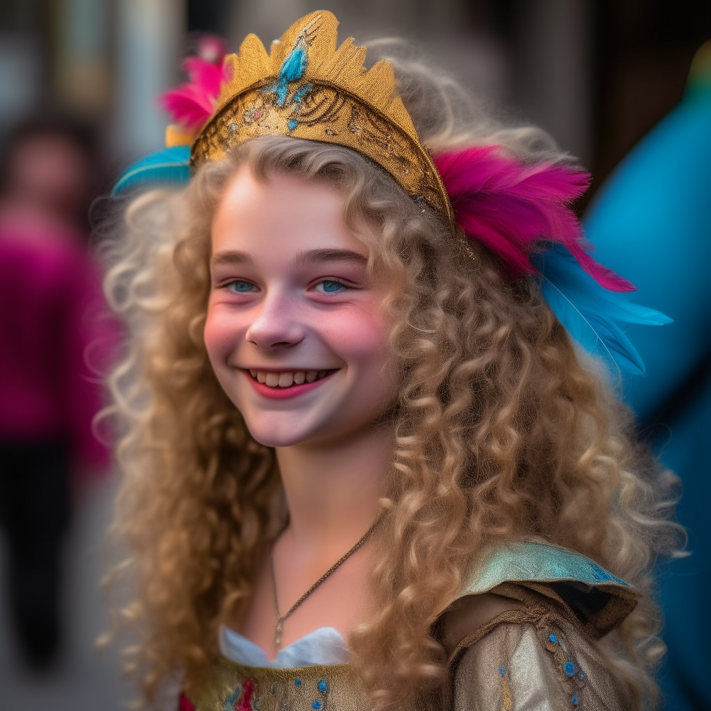 A beautiful 14-year-old girl with long blond curls, smiling brightly. She wears a magnificent costume for the Venetian Carnival, with an ornate tiara upon her head. In her right hand she holds a colorful carnival mask.