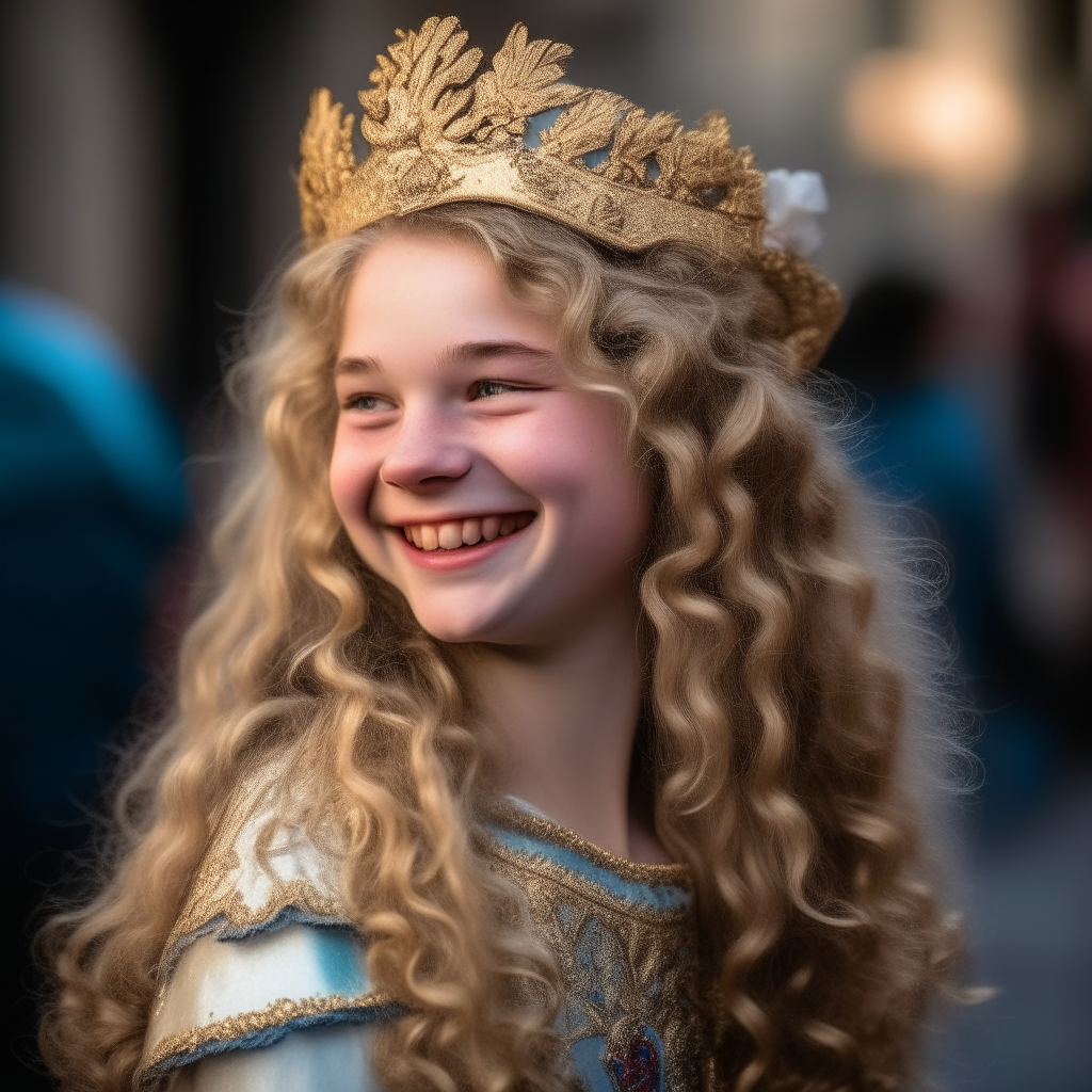 A beautiful 15-year-old girl with long blond curls, smiling brightly. She wears a magnificent costume for the Venetian Carnival, with an ornate tiara upon her head.