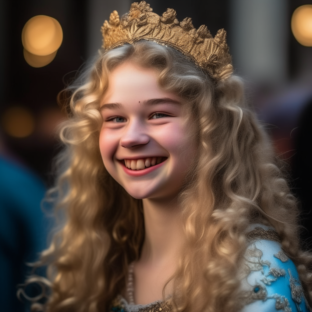 A beautiful 15-year-old girl with long blond curls, smiling brightly. She wears a magnificent costume for the Venetian Carnival, with an ornate tiara upon her head.