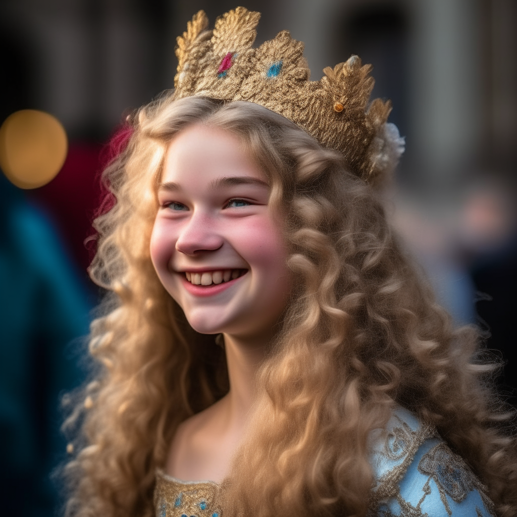 A beautiful 15-year-old girl with long blond curls, smiling brightly. She wears a magnificent costume for the Venetian Carnival, with an ornate tiara upon her head.