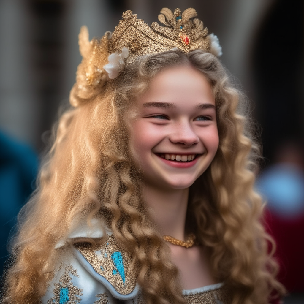 A beautiful 15-year-old girl with long blond curls, smiling brightly. She wears a magnificent costume for the Venetian Carnival, with an ornate tiara upon her head.