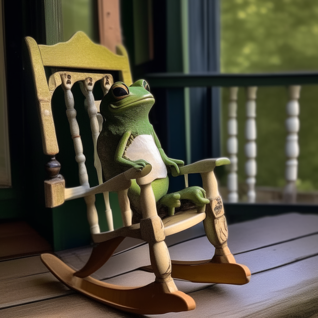 A frog rocking in a rocking chair on the front porch in the forest
