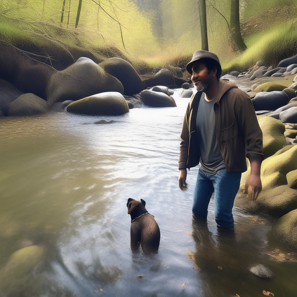 a 3d rendering of a man standing in a stream with a dog in the background