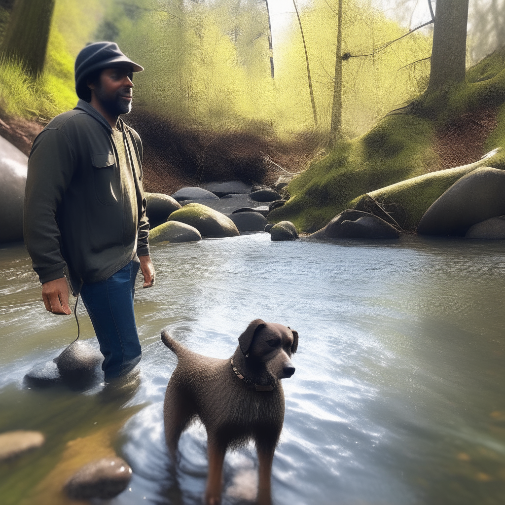 a 3d rendering of a man standing in a stream with a dog in the background