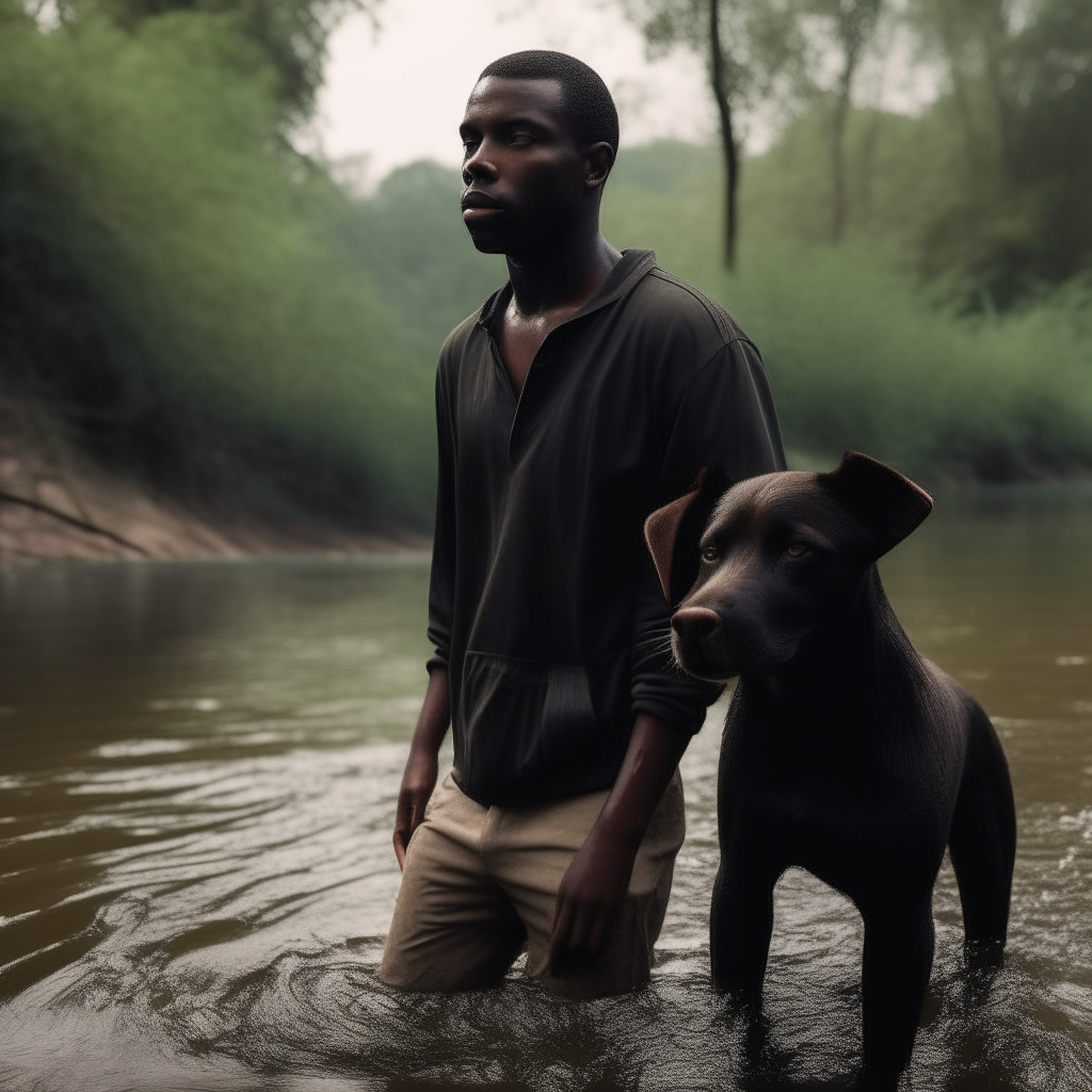 a dark-skinned black man standing in a stream with a dog in the background