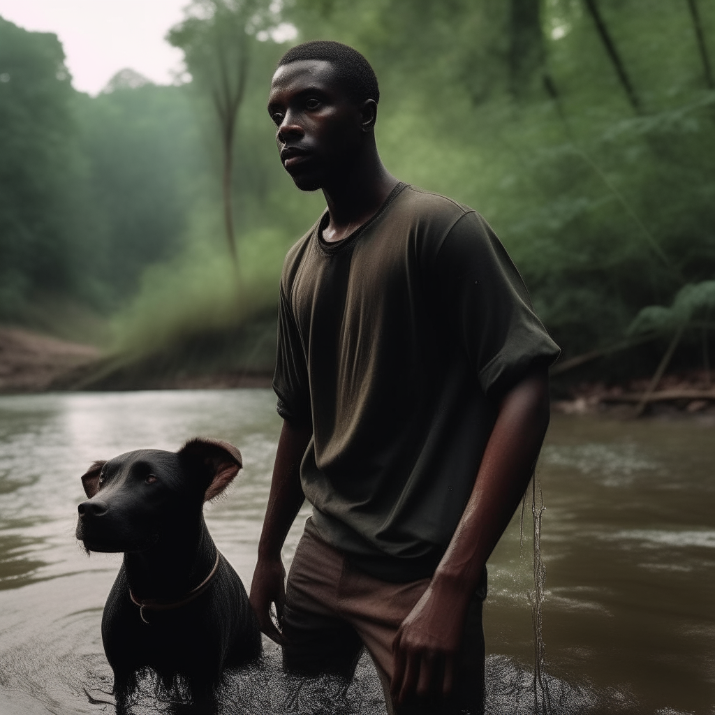 a dark-skinned black man standing in a stream with a dog in the background