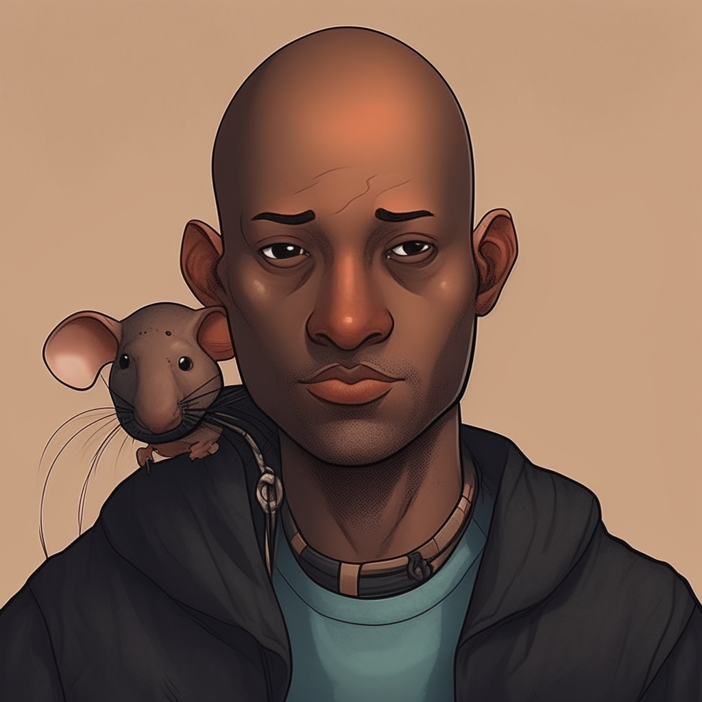 an anime illustration of a dark skinned bald black man with a mouse on his head