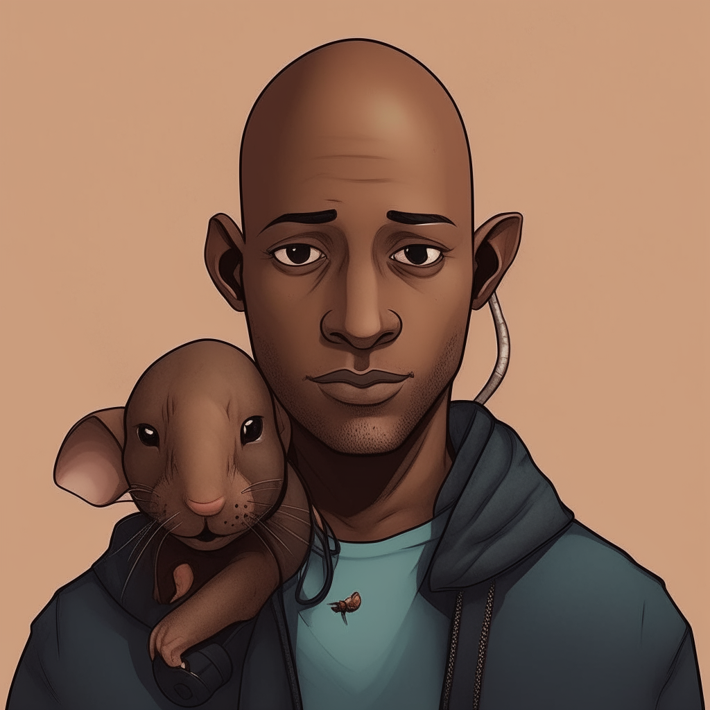 an anime illustration of a dark skinned bald black man with a mouse on his head