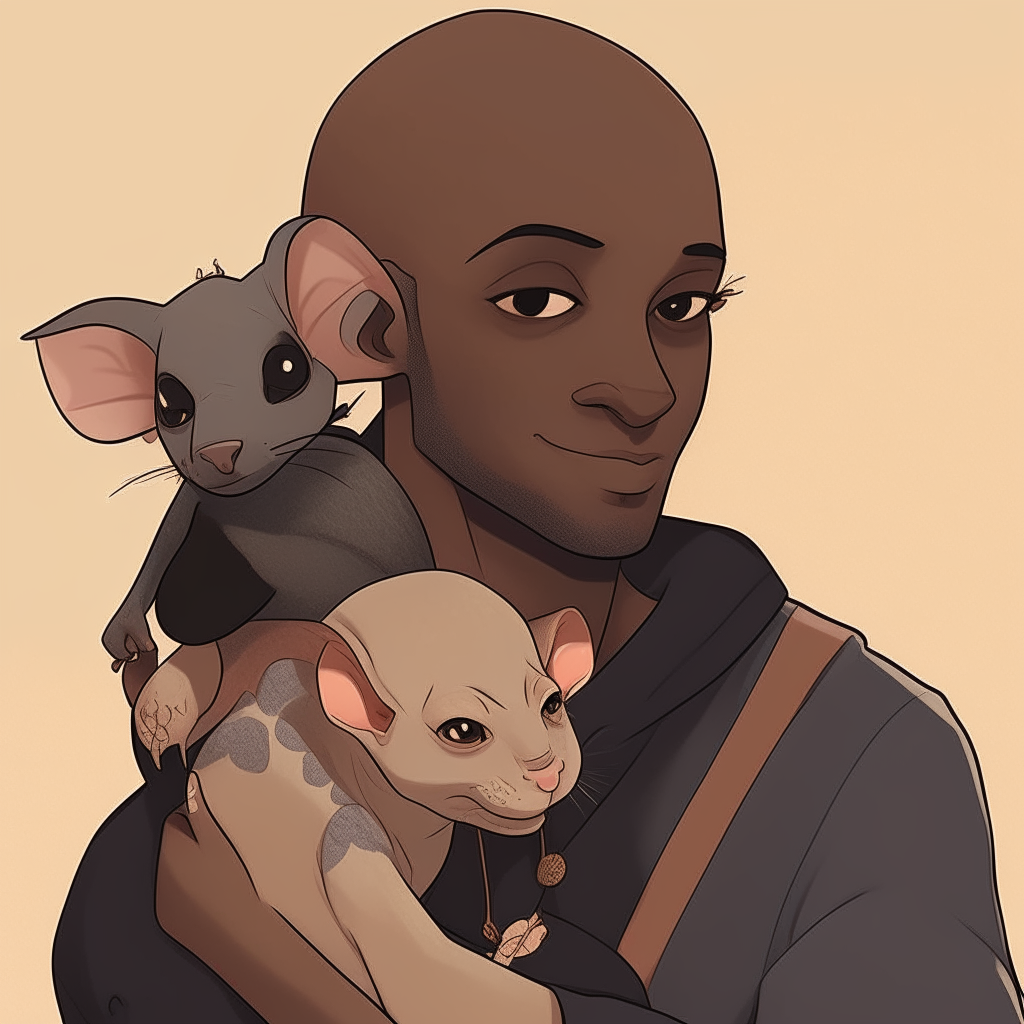 an anime illustration of a dark skinned bald black man with a sugar glider on his head