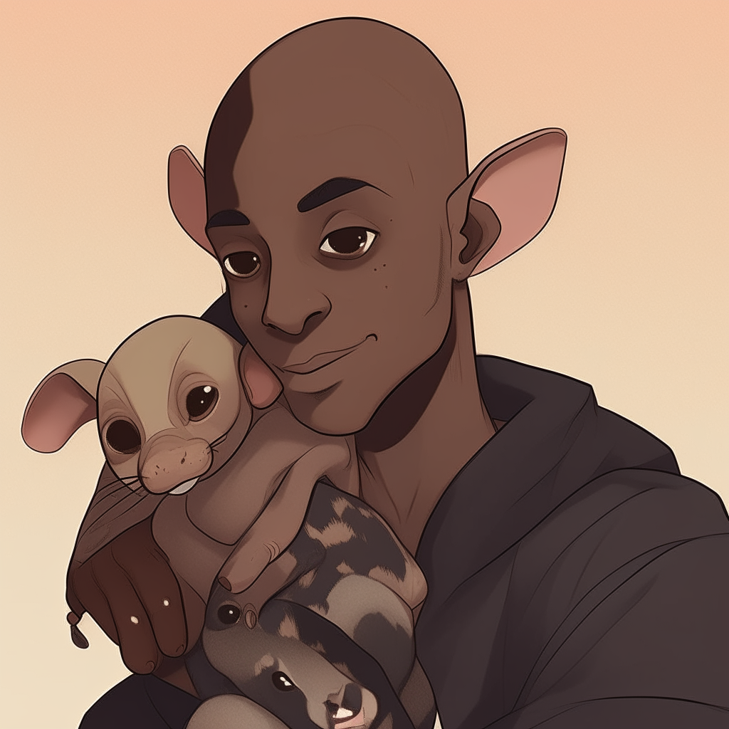 an anime illustration of a dark skinned bald black man with a sugar glider on his head