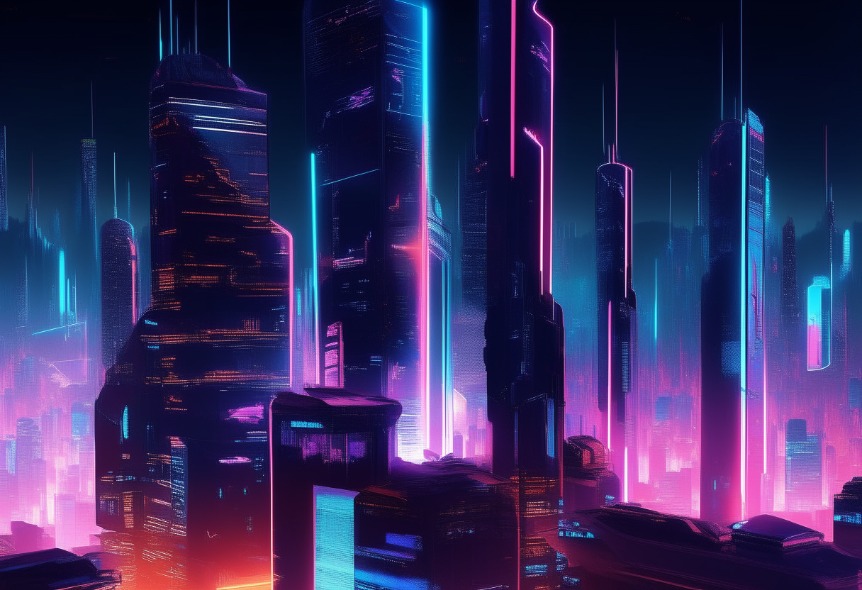 A futuristic cityscape at night, with neon lights and tall skyscrapers