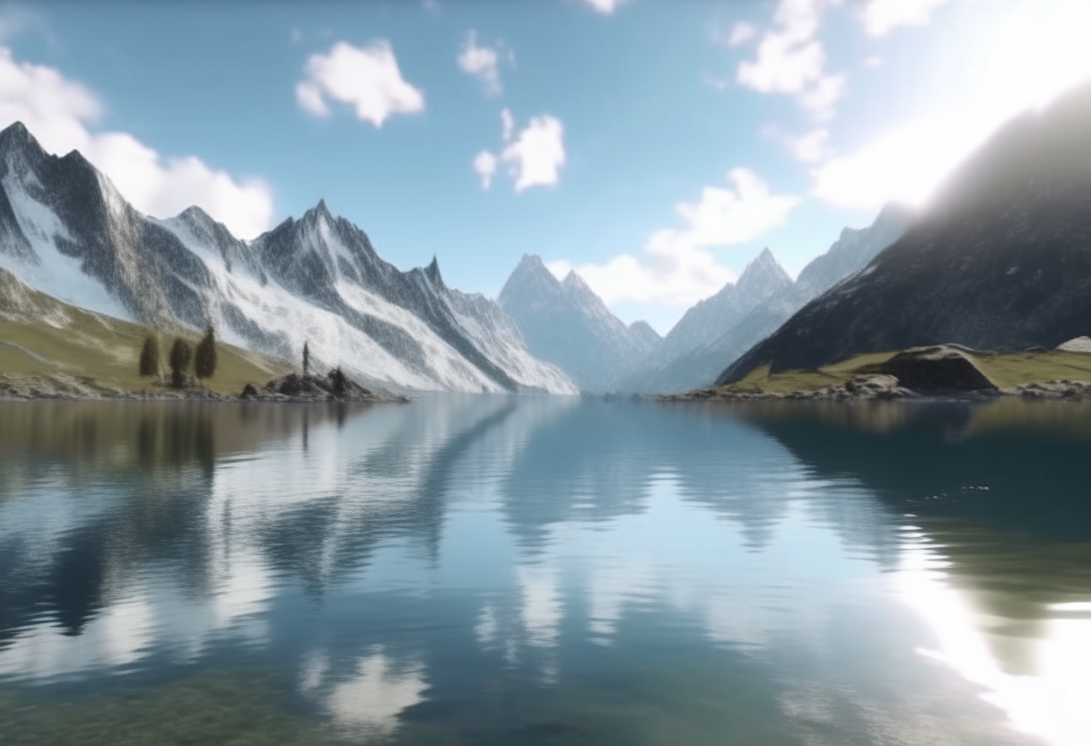 a scenic landscape with snow-capped mountains and a crystal clear lake reflecting the sky photorealistic 4K ultra HD