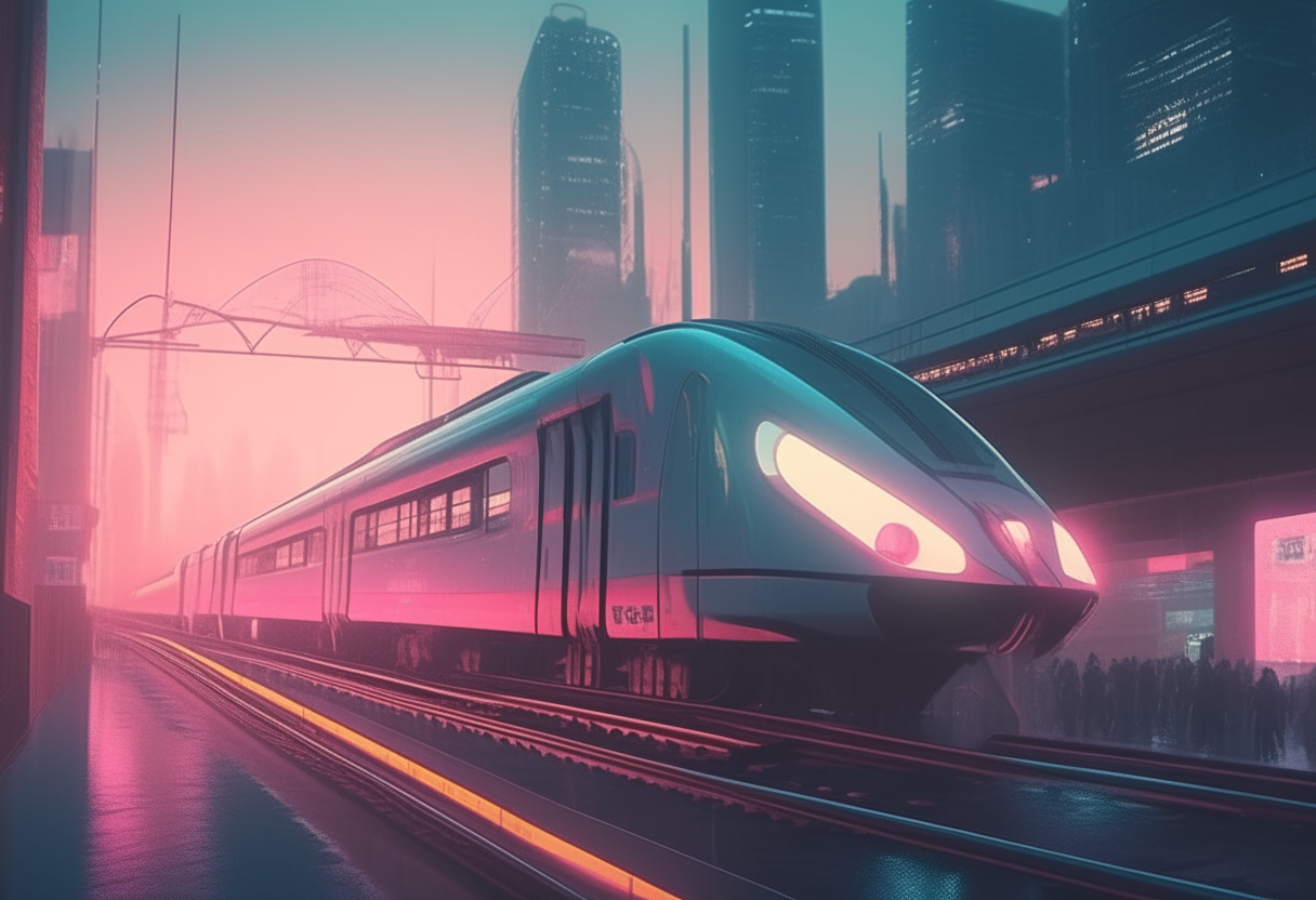 a futuristic bullet train arriving at a bustling train station amid the neon skyscrapers of a cyberpunk Neo Tokyo cityscape at dusk, lo-fi retro aesthetic, cinematic lighting, photorealistic detail