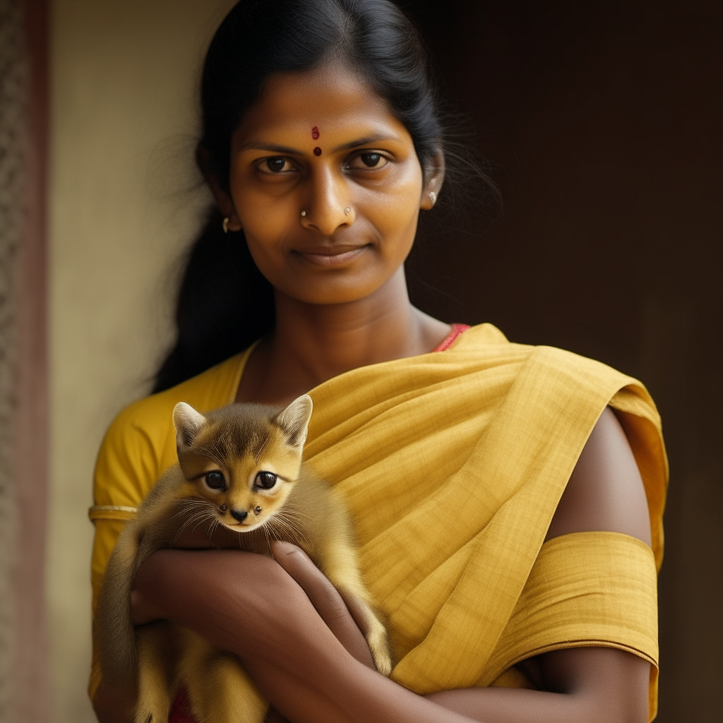 a 40 year old Indian woman with saree holding a newborn yellowish kitten