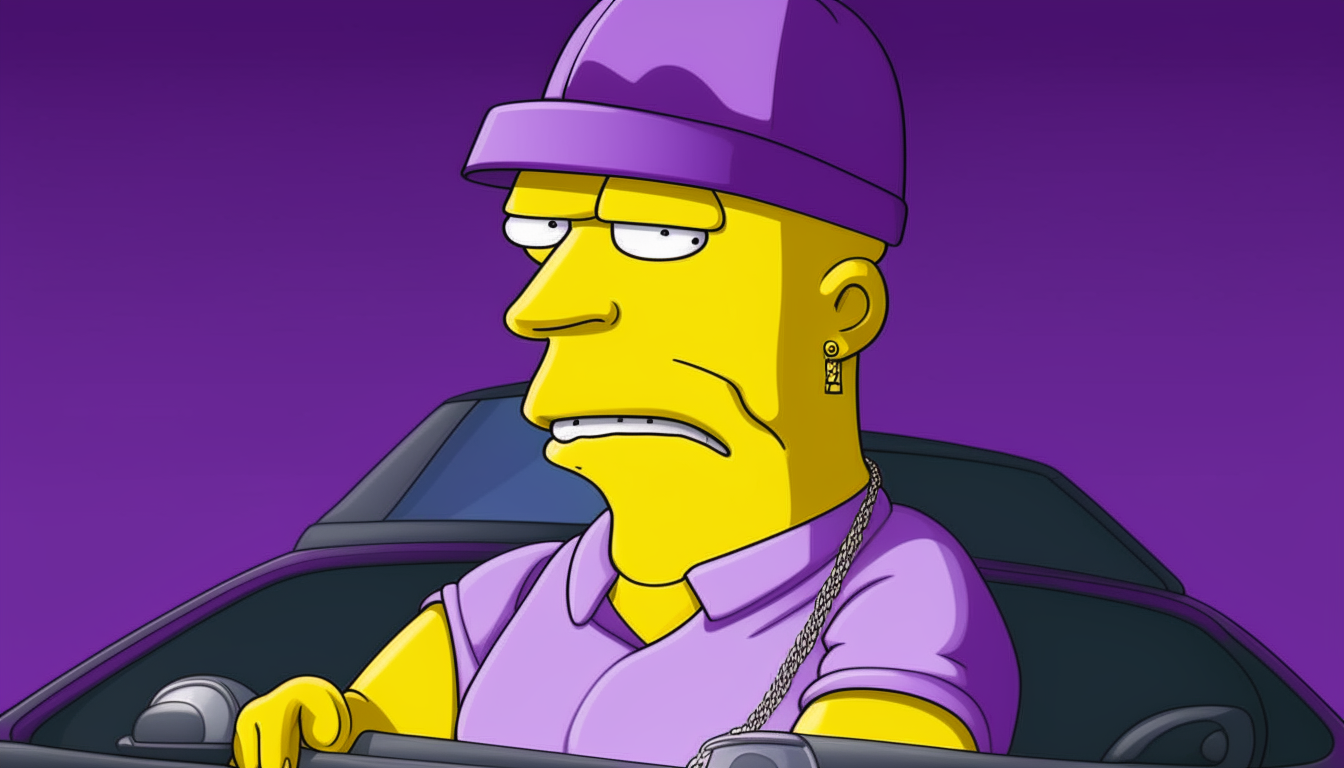 A portrait of Homer Simpson wearing a gold chain and baseball cap, driving a purple Lamborghini Murcielago. The background is a solid purple color.