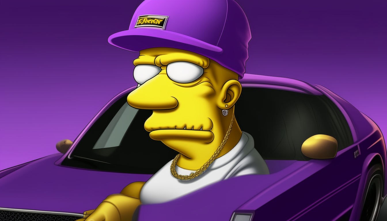 A more realistic portrait of Homer Simpson wearing a gold chain and baseball cap, driving a purple Lamborghini Murcielago.