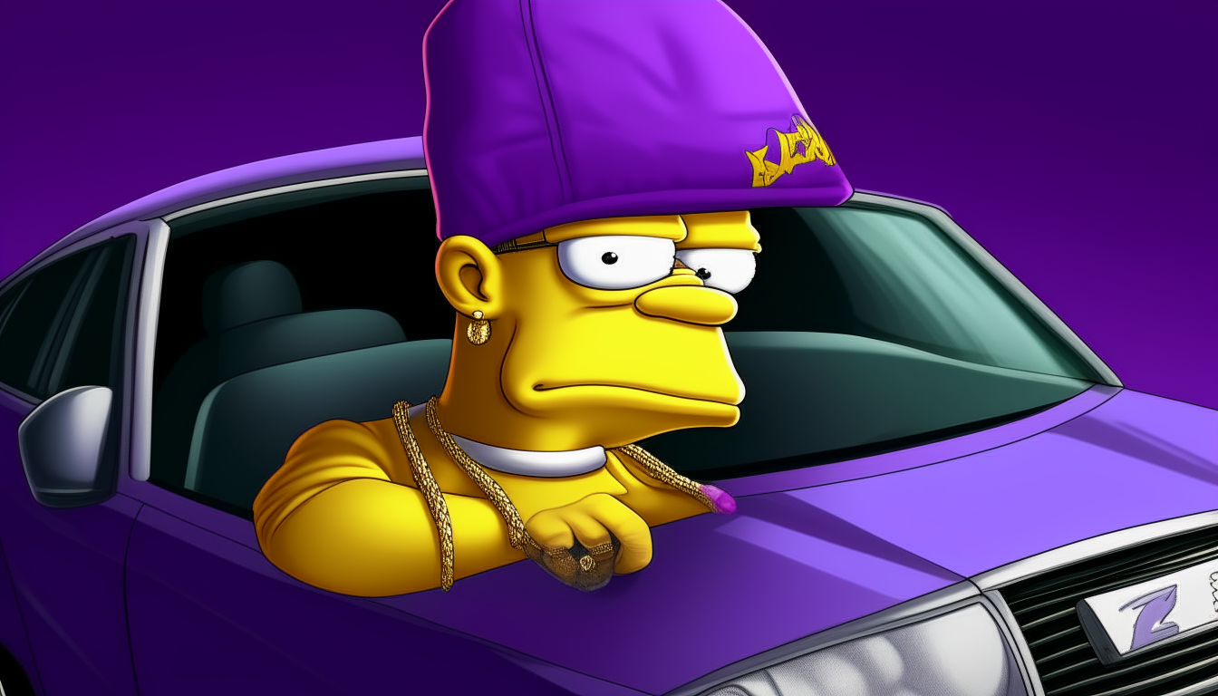 A more realistic portrait of Bart Simpson wearing a gold chain and baseball cap, driving a purple Lamborghini Murcielago.