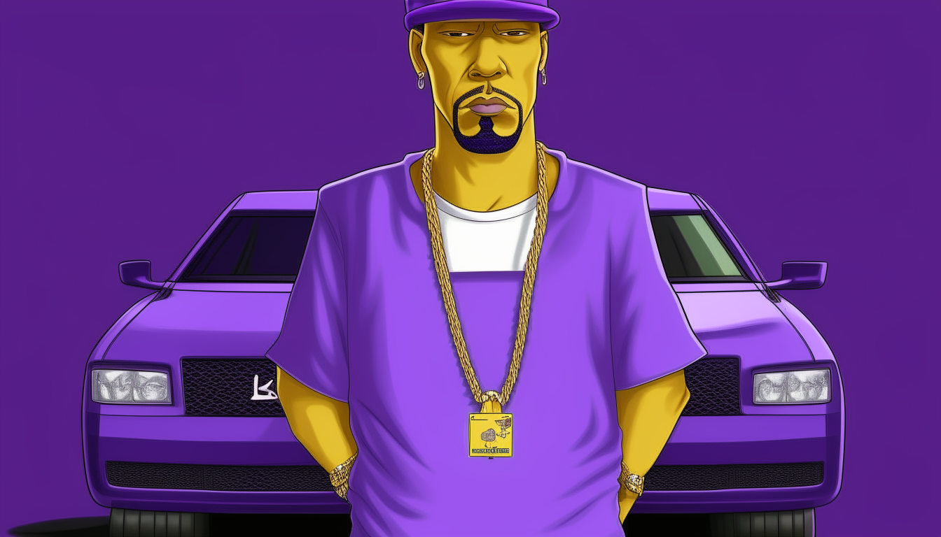 A portrait of Homer Simpson wearing a gold chain and baseball cap, standing next to a purple Lamborghini Murcielago. The background is a solid purple color.