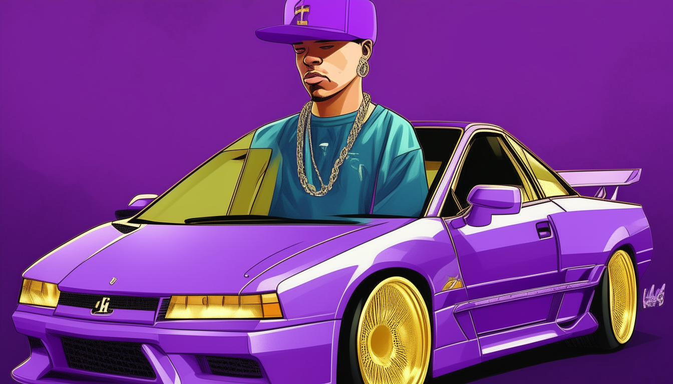 A portrait of Bart Simpson wearing a gold chain and baseball cap, standing next to a purple Lamborghini Murcielago. The background is a solid purple color.