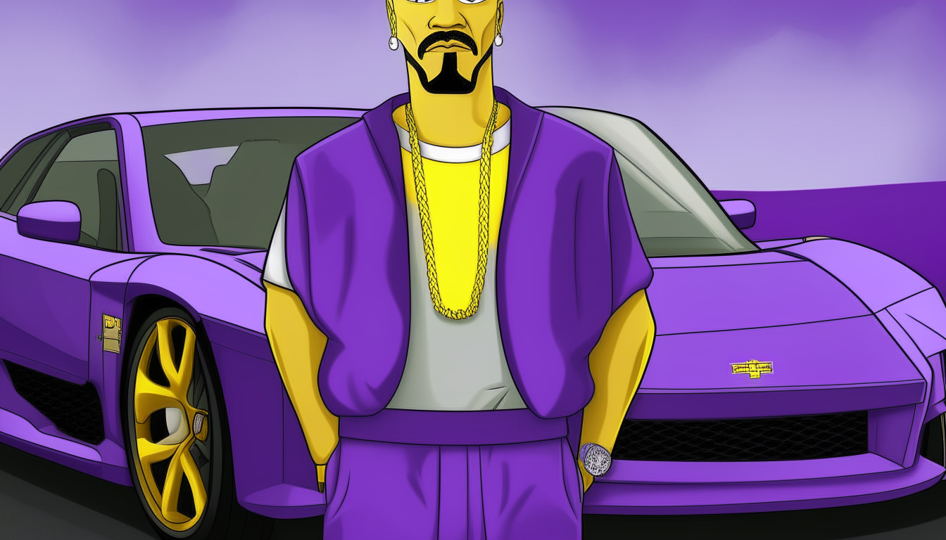 A portrait of Homer Simpson wearing different clothing and standing in front of a purple Lamborghini Murcielago.