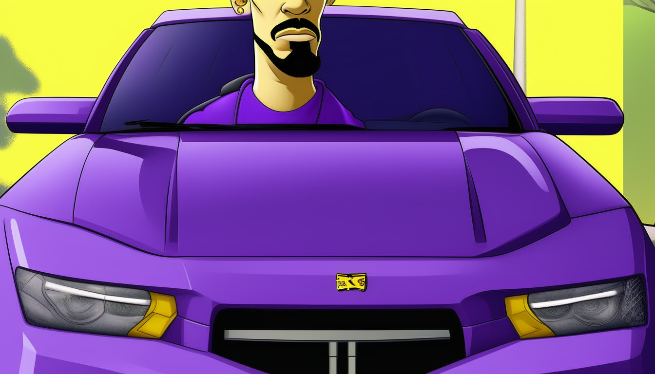 A close-up portrait of Homer Simpson smiling while leaning on a purple Lamborghini Murcielago.