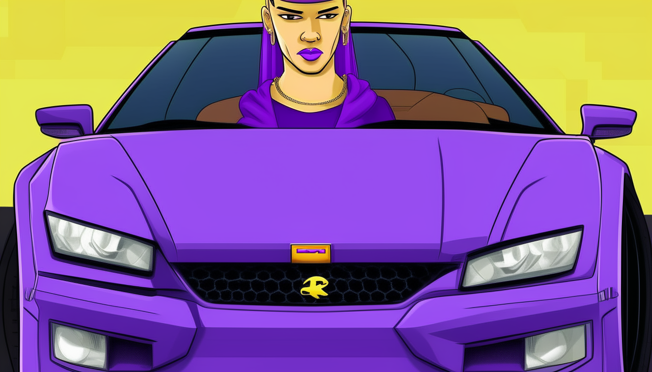 A portrait of Lisa Simpson wearing hoop earrings and standing in front of a purple Lamborghini Murcielago. The background is solid purple.