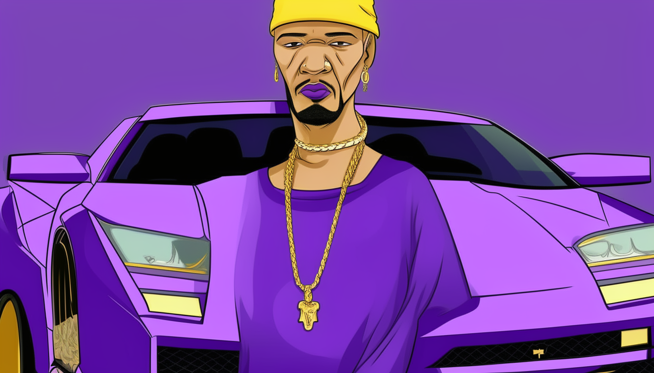 A portrait of Marge Simpson wearing a gold necklace and standing next to a purple Lamborghini Murcielago. The background is solid purple.