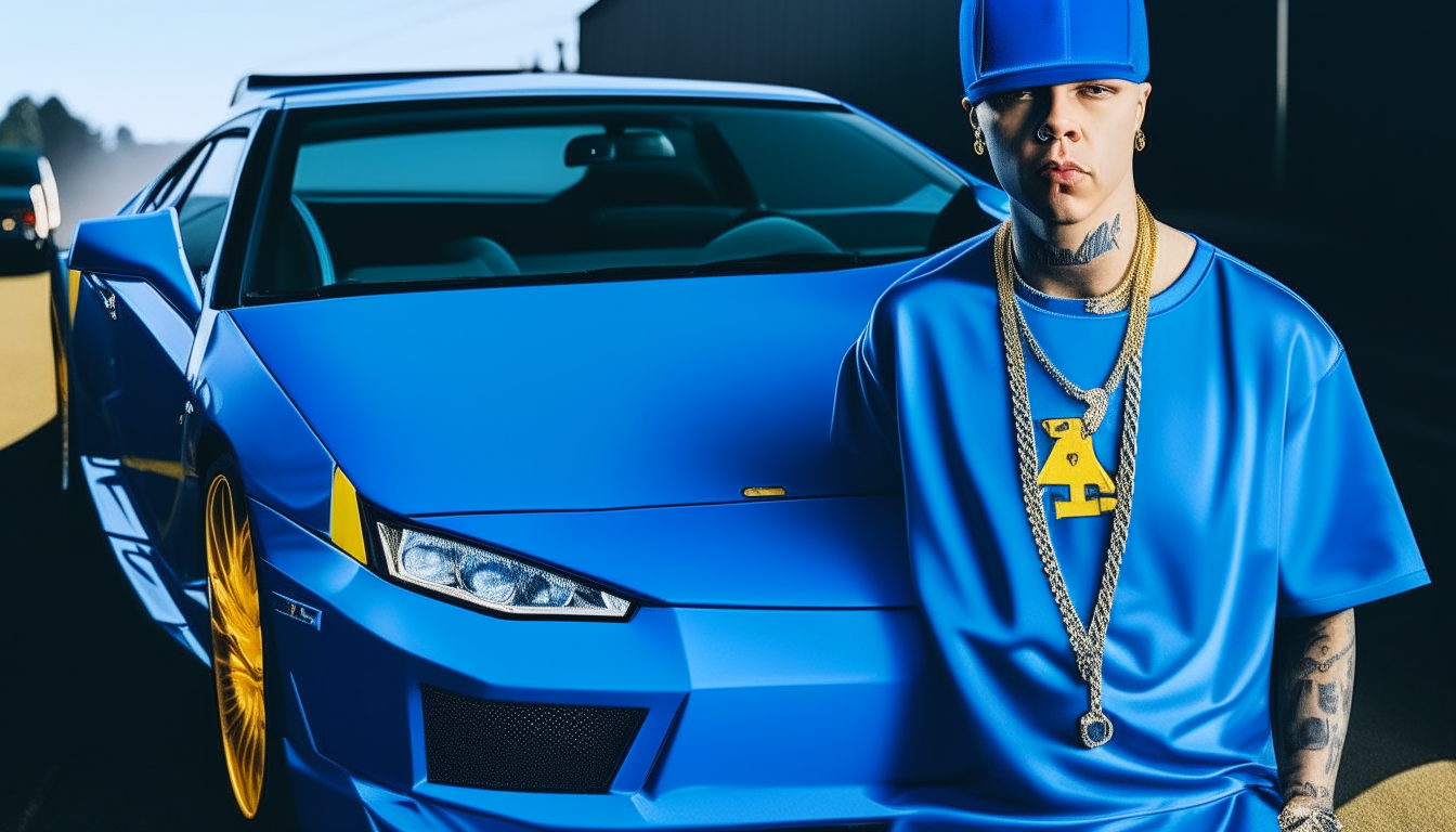 A portrait of Bart Simpson wearing a gold chain and baseball cap, standing next to a blue Lamborghini Murcielago. The background is solid blue.