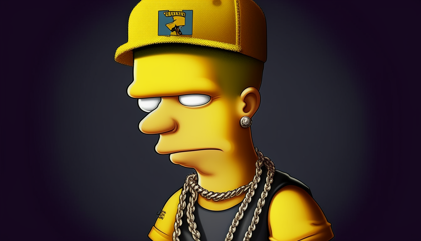 A portrait of Bart Simpson wearing a gold chain and baseball cap.