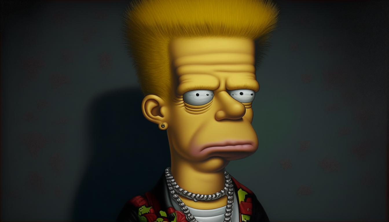 Another portrait of Bart Simpson in similar attire.