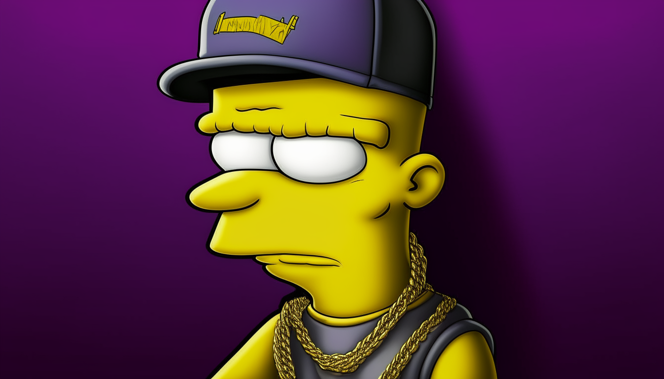 Portrait of Bart Simpson from previous image, wearing gold chain and baseball cap, set against a solid purple background.