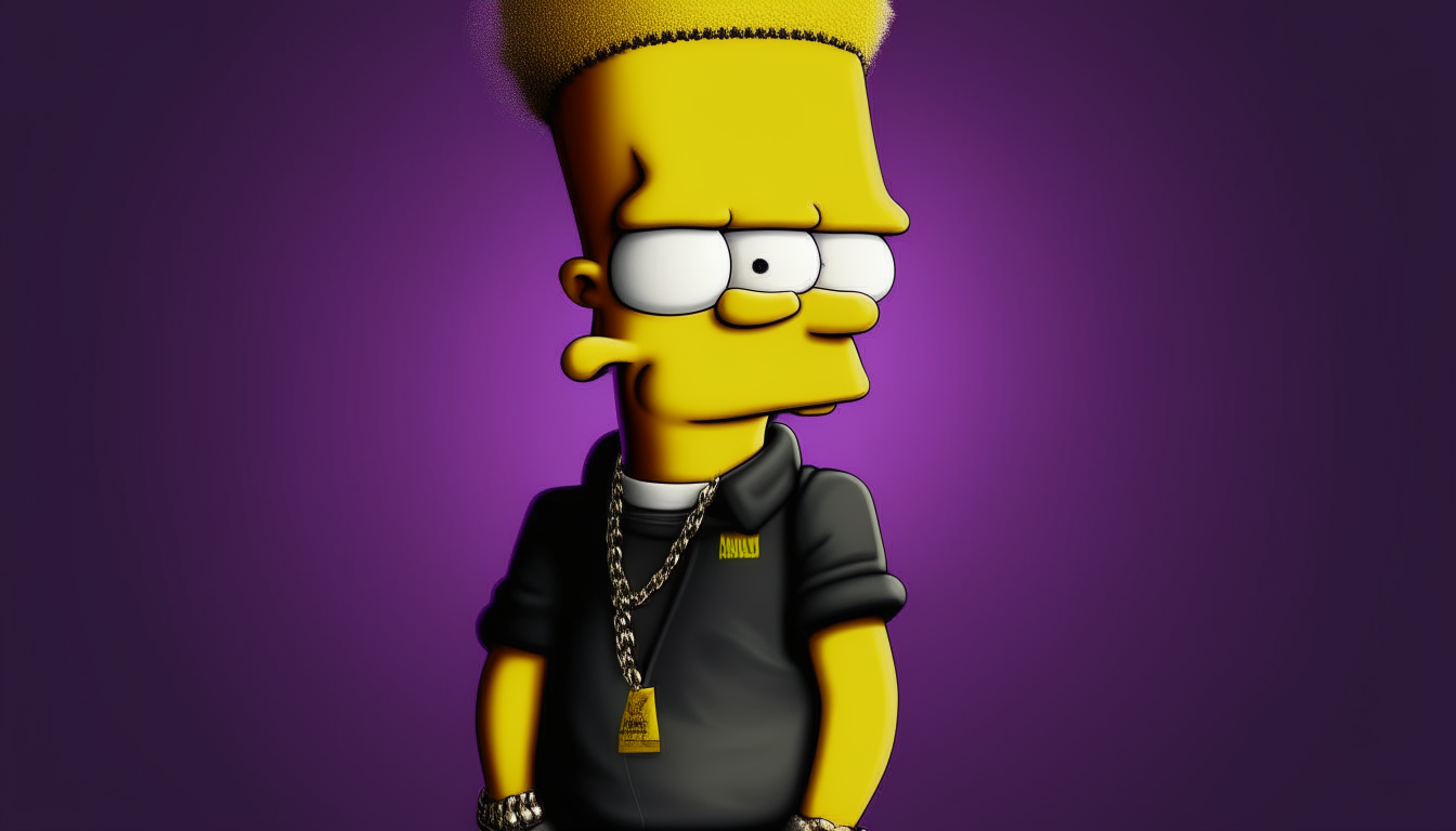 Another portrait of Bart Simpson from before, in similar pose and attire, on a solid purple background.