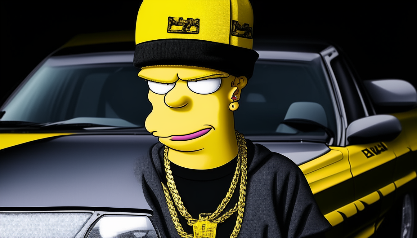 Portrait of Bart Simpson from previous image, wearing gold chain and baseball cap, now standing next to a black Lamborghini Murcielago sports car