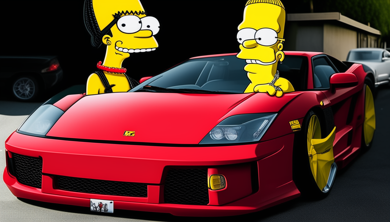 Portrait of Bart Simpson from before, now standing in front of a red Lamborghini Murcielago sports car.