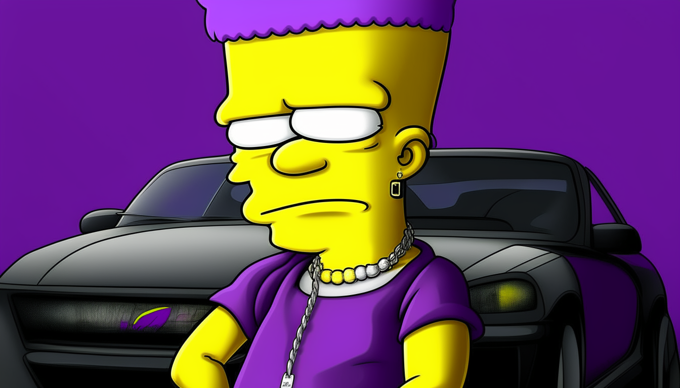 Portrait of Bart Simpson from a previous image, now standing in front of a purple Lamborghini Murcielago.