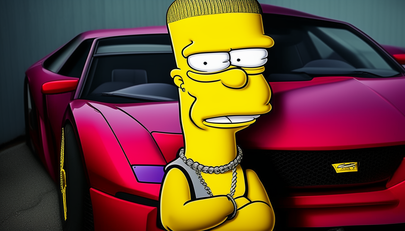 Another portrait of Bart Simpson similarly posed near a red Lamborghini Murcielago.